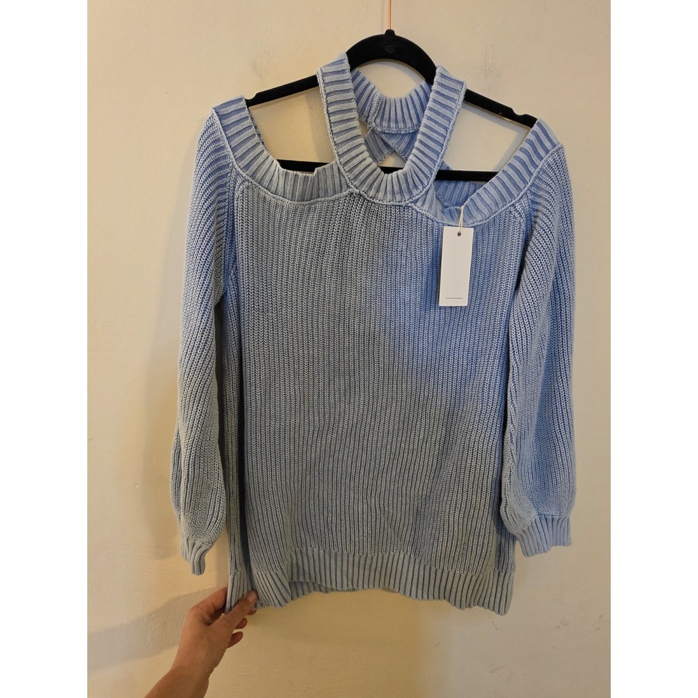 VICI Women's Size Medium Long Sleeve Blue Cold Shoulder Oversized Sweater Beach